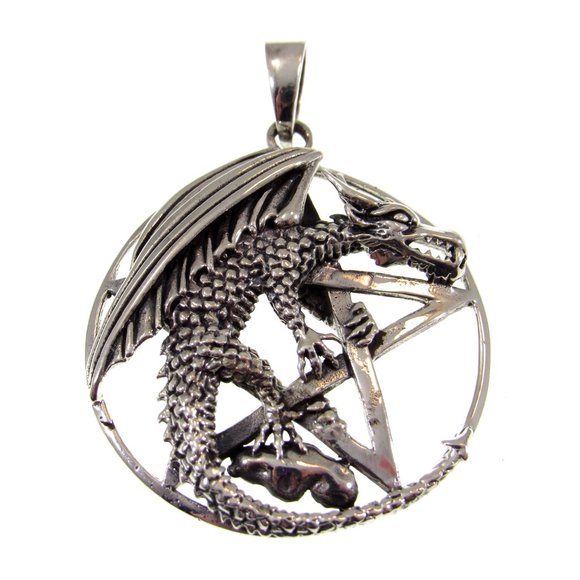 Solid 925 Sterling Silver Dragon Clutching the Pentacle Pentagram Pagan Pendant - Picture 4 of 8